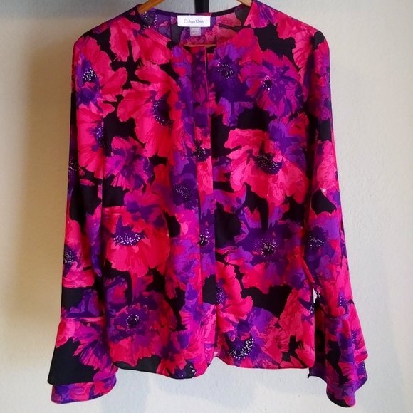 Calvin Klein Orchid Floral Button Up Bell Sleeve Blouse - Picture 1 of 8